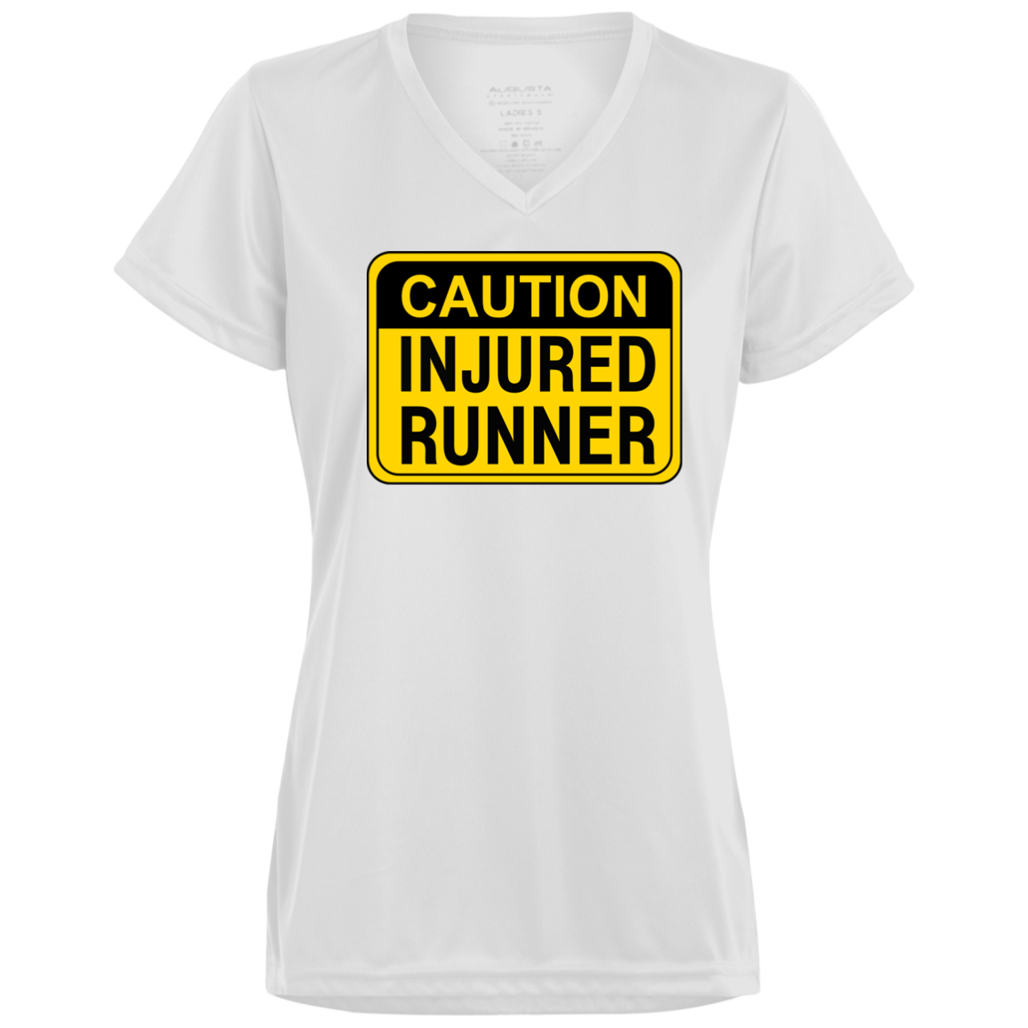 CAUTION INJURED RUNNER Ladies’ Moisture-Wicking V-Neck Tee