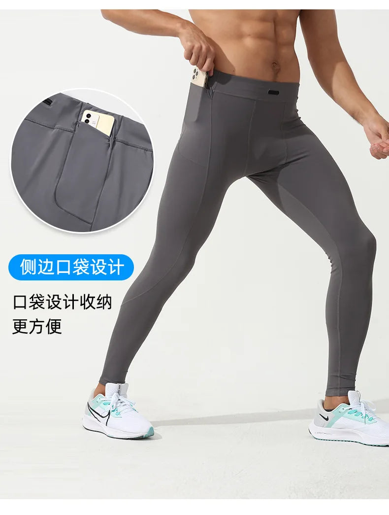Men's Marathon Running Training Compression Pants Quick Dry Tights Sports Leggings Fitness Male With Waist Belt Bag Side Pocket