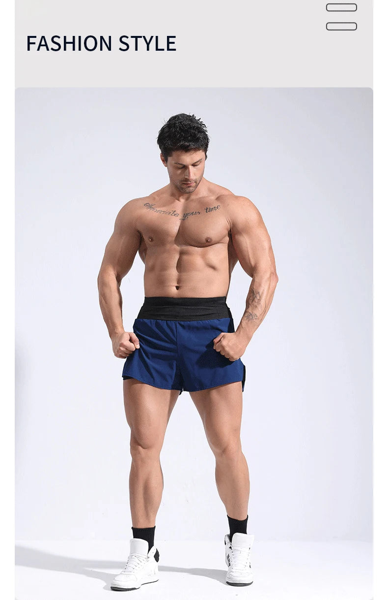 (S-4XL)Men Women Teens Double Layer Quick Dry Marathon Running Sport Shorts with Zipper Pocket Trackless Fitness Training Shorts