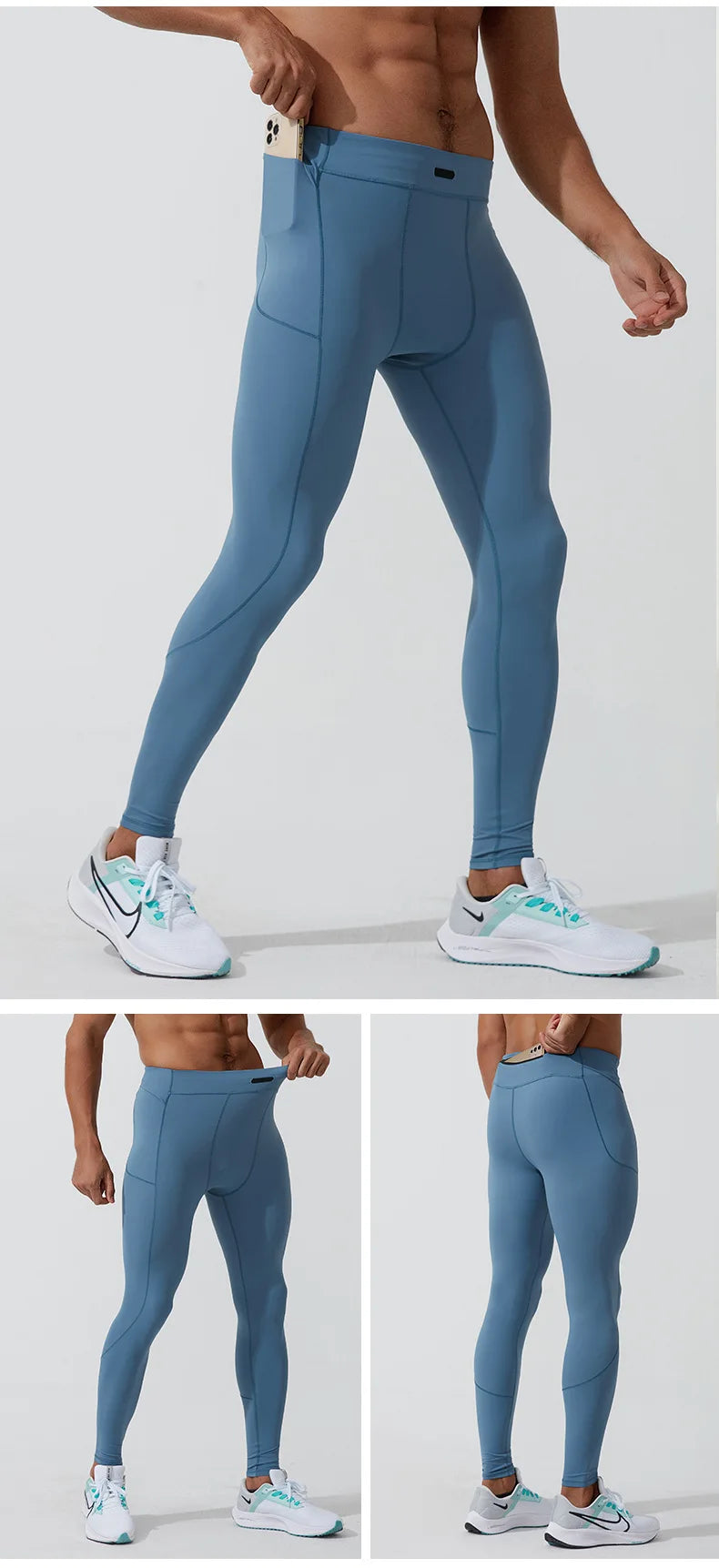 Men's Marathon Running Training Compression Pants Quick Dry Tights Sports Leggings Fitness Male With Waist Belt Bag Side Pocket