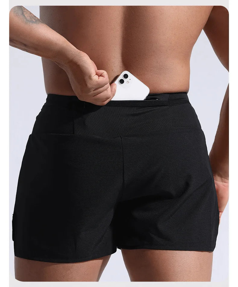 (S-4XL)Men Women Teens Double Layer Quick Dry Marathon Running Sport Shorts with Zipper Pocket Trackless Fitness Training Shorts