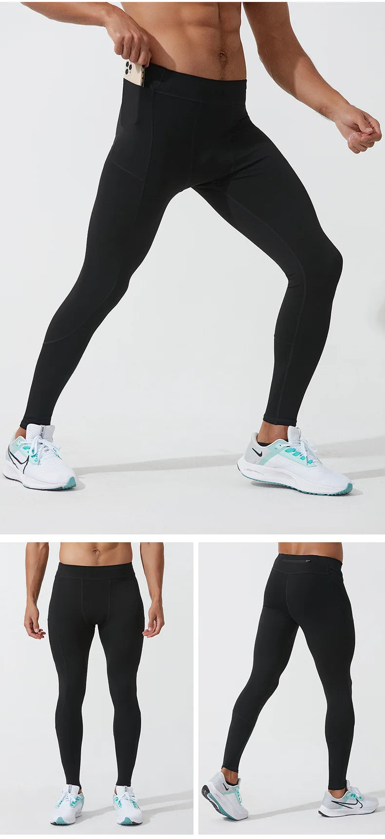 Men's Marathon Running Training Compression Pants Quick Dry Tights Sports Leggings Fitness Male With Waist Belt Bag Side Pocket