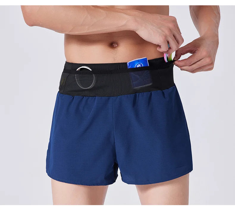 (S-4XL)Men Women Teens Double Layer Quick Dry Marathon Running Sport Shorts with Zipper Pocket Trackless Fitness Training Shorts