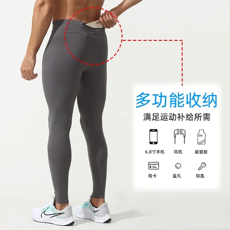 Men's Marathon Running Training Compression Pants Quick Dry Tights Sports Leggings Fitness Male With Waist Belt Bag Side Pocket