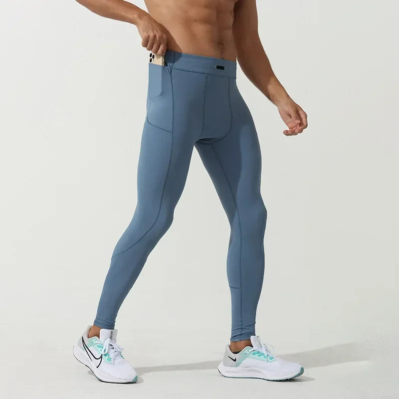 Men's Marathon Running Training Compression Pants Quick Dry Tights Sports Leggings Fitness Male With Waist Belt Bag Side Pocket