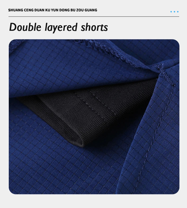 (S-4XL)Men Women Teens Double Layer Quick Dry Marathon Running Sport Shorts with Zipper Pocket Trackless Fitness Training Shorts