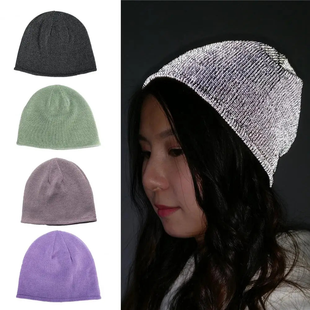 High Visibility Beanie Reflective Knitted Hat for Night Jogging Cycling Windproof Dome Cap for Runners Hop Street Style Headwear