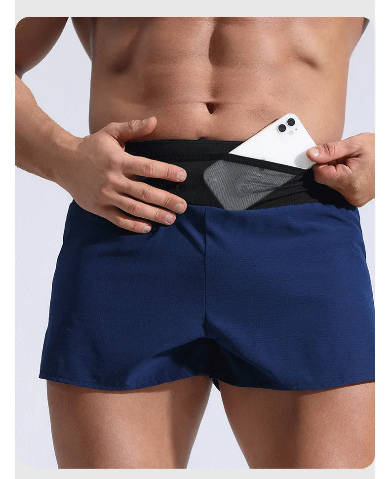 (S-4XL)Men Women Teens Double Layer Quick Dry Marathon Running Sport Shorts with Zipper Pocket Trackless Fitness Training Shorts